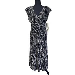 Evan Picone Babydoll Midi Dress Black Size 8 Artsy Print Resort Y2K Stretch